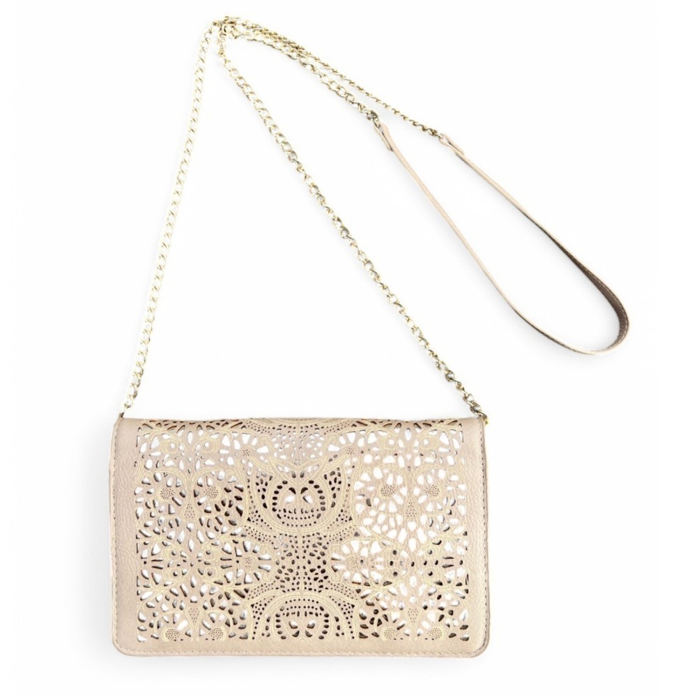 Mystique Women’s Floral Cut Out Tan Gold Chain Luxury Purse Wedding Guest Bag